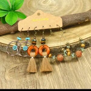 BRONZE wood beaded drop tassel earrings boho jewelry